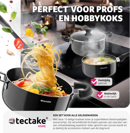 tectake Pfannenset 15-teilig - Aluminium mit Glasdeckeln - Inklusive Utensilien - Schwarz