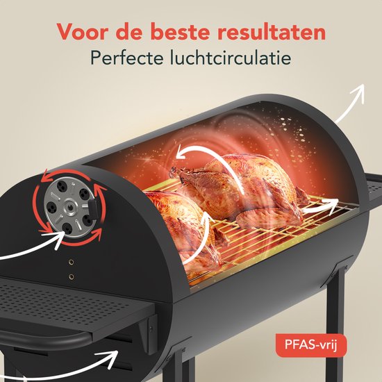 KitchenBrothers 2-in-1 Charcoal BBQ XL - Einstellbare Lüftungsschlitze - Doppel-BBQ - Beistelltische - Grillrost BBQ - Schwarz