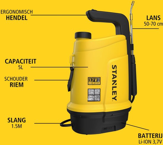 Stanley Drucksprühgerät 5 L, Drucksprühgerät, Gartensprühgerät, elektrisch, wiederaufladbare Lithium-Batterie, Teleskop-Lanze, verstellbare Düse, Autonomie 2,5 h, max 2 bar, 0,33 L/Minute, gelb/schwarz