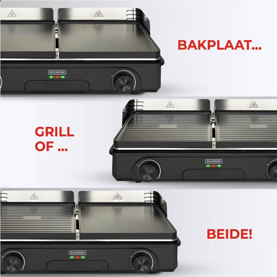 Bourgini Plancha Pure for 8 - Keramikbeschichtet (PFAS-frei) - Elektrisch - Gesundes Grillen - Backblech - Griddleplatte - Drehbare Grillplatte gerippt und flach