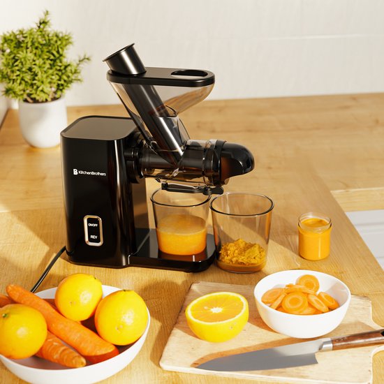 KitchenBrothers Slowjuicer - Mini-Entsafter - Gemüse- und Obstpresse - 40 mm und 50 mm Einfüllöffnung - 400 ml - Schwarz