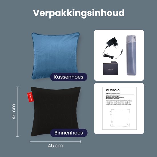 Auronic Wärmekissen - Samt - 45x45 - Kabellos - Wiederaufladbar - Elektrisches Kissen - Infrarot - Blau-grau