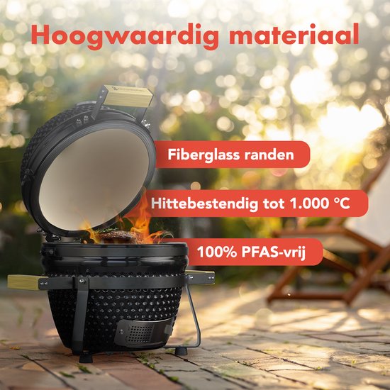 KitchenBrothers Kamado BBQ - 13 Zoll Holzkohlegrill - 27⌀ cm - Deluxe Set - Eiergrill mit Zubehör inklusive Abdeckung - Schwarz