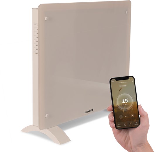 VONROC Luxury electric heater - Konvektorheizung mit Glasscheibe - 500W/1000W - Beheizt Räume bis zu 12m2 - Gesteuert sowohl mit App (über Wifi) als auch manuell - Einstellbarer Thermostat und Timer - Beige