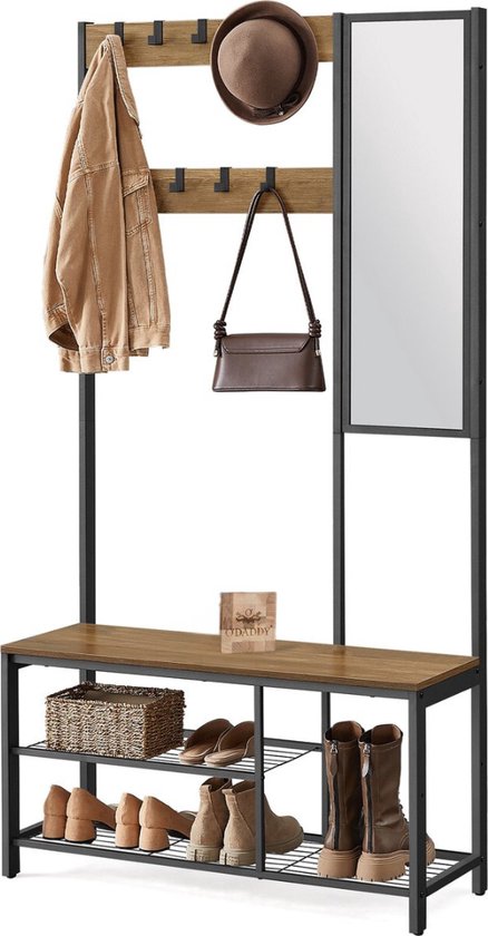 O'DADDY® Kleiderständer mit Spiegel - Garderobenständer - Schuhablage - Stehende Garderobe - Vintage Look - Schwarz und Braun - Schuhablage - Garderobenständer