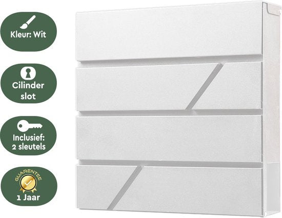 BRASQ Briefkasten Hanging White Deluxe - Wandbriefkasten mit Schloss und Zeitungsfach - Inkl. Befestigungsmaterial & 2 Schlüssel - Postkasten - Briefkasten - Edelstahl