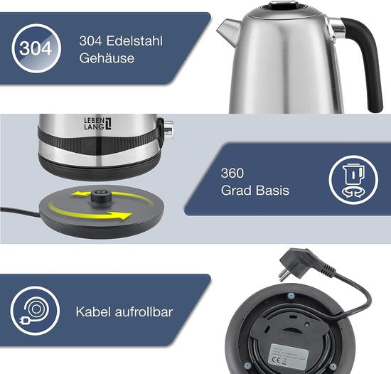 Wasserkocher, Edelstahl, Temperatureinstellung, leise, Temperaturanzeige und Warmhaltefunktion, 1,7 Liter & 2200 W, Wasserkocher, Edelstahl-Wasserkocher, Retro, ohne Kunststoff