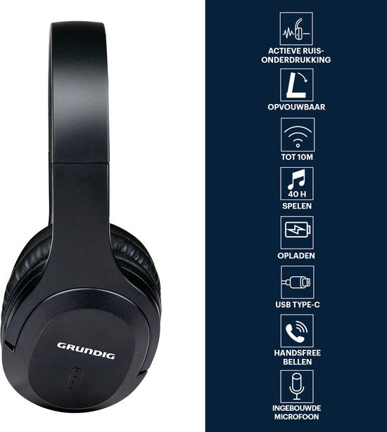 Grundig Bluetooth Kopfhörer - Kopfhörer kabellos - Over Ear Kopfhörer mit 40 Stunden Wiedergabezeit - kabellose Kopfhörer mit Mikrofon - inkl. Audiokabel 3,5mm und USB-C Ladekabel