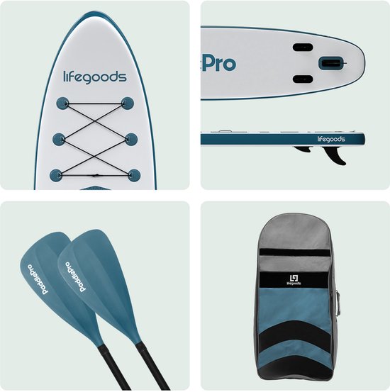 LifeGoods PaddlePro SUP Board - Aufblasbares Paddle Board - Komplettset - Max. 135KG - 320x81cm - Weiß/Tief Aqua