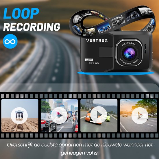 VERTREX Dashcam für Auto 1080P Full HD - Front und Heck - Dashcams - Nachtsicht - G-Sensor - 170° Weitwinkelobjektiv - 3.0" LCD - Bewegungserkennung - Schleifenaufzeichnung - Inkl. 32GB MicroSD Karte