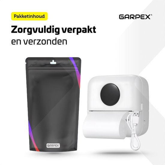 Garpex® Mini-Drucker für das Handy - Taschendrucker - Premium Mini-Fotodrucker - Tragbarer Smartphone-Drucker - Mobiler Fotodrucker - Stickerdrucker - Weiß - Inkl. 5 Rollen Klebepapier + 5 Rollen weißes Papier + 3 Rollen farbiges Papier + 5 Stifte