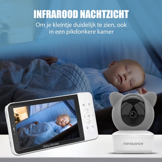 Novalance - Wifi-Babyphone - Babyphone mit Kamera - Babyphone mit 5-Zoll-Bildschirm - Wiegenlieder - Intelligente Detektoren