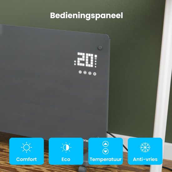 Auronic Electric Heater - Konvektor-Heizung mit Thermostat und Fernbedienung - Glasheizung - 2000W Heizung - Grau