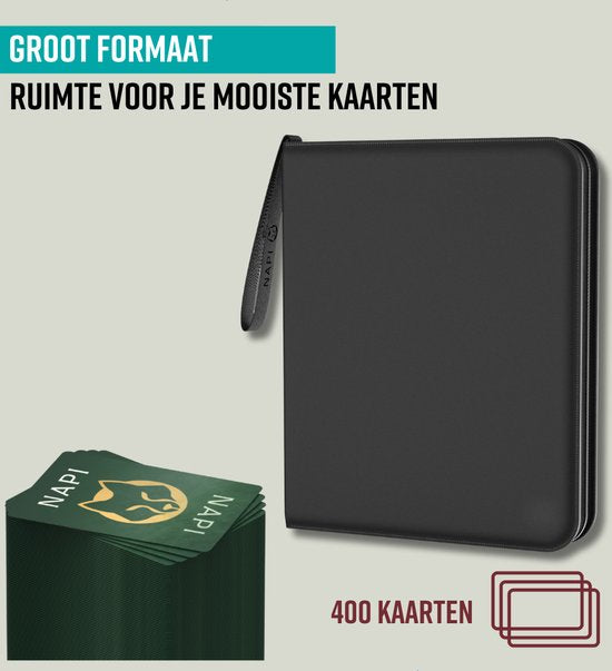 NAPI Sammelmappe für 400 Karten - Sammelmappe für Karten - 4 Fächer - Kunstleder - Premium-Kartenmappe mit Reißverschluss - 50 Seiten - A5 Format - Schwarz