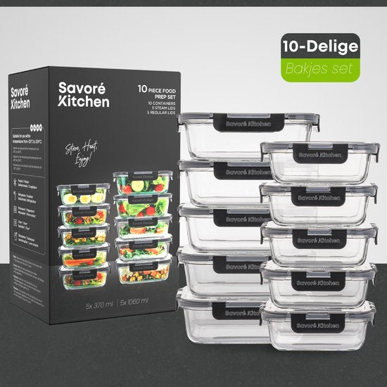 Savoré Küche Aufbewahrungsschalen Set - mit Dampf Deckel - Mahlzeit Prep Trays - Gefrierschrank Trays Glas - luftdicht - 10 Stück - 1040 & 380 ML