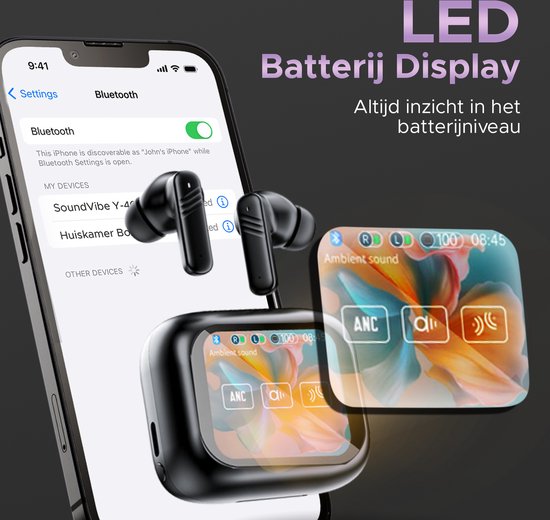 SoundVibe® - Kabellose Ohrhörer mit Geräuschunterdrückung - Schwarz - Bluetooth-Ohrhörer - Kopfhörer mit Geräuschunterdrückung - LX-10 Earpods mit Bildschirm - Funktioniert mit Apple und Android - Earpods USB C - Kabellose Ohrhörer - Drahtlose Ohrhörer
