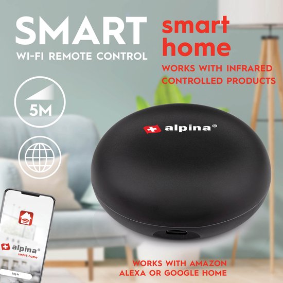 Alpina Smart Home Universal-Fernbedienung - Wifi - Timer - Kompatibel mit Amazon Alexa und Google Home