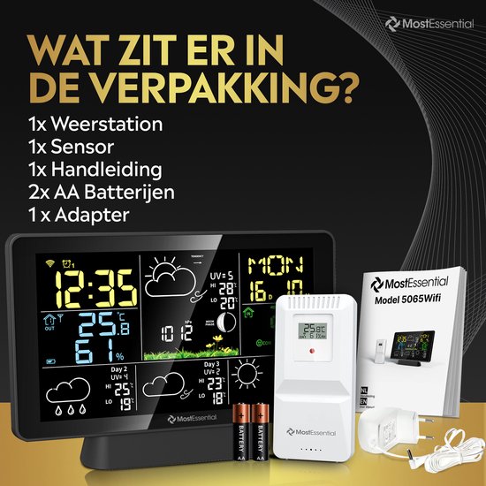 MostEssential Wetterstation Wifi Edition - Drahtlos - Mit Außensensor - Hygrometer - Innen und Außen - 150 Meter Reichweite - Inklusive App - Schwarz