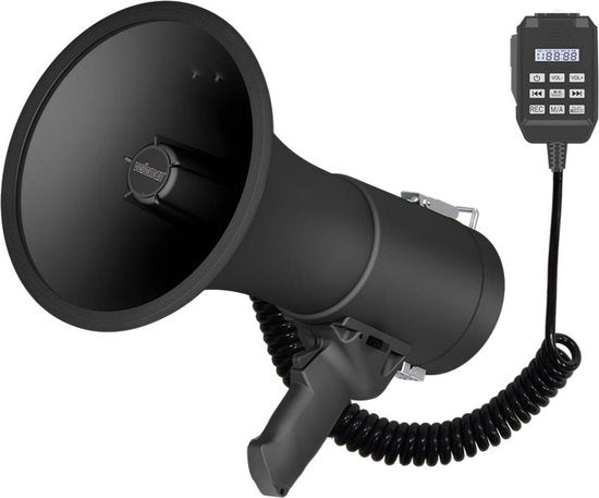 Velleman Leistungsstarkes 50-W-Megaphon mit eingebauter Sirene, 700-Sekunden-Aufnahme, Lautstärkeregelung, Bluetooth, Handmikrofon und USB-Anschluss, Reichweite: max. 1200 m, mattschwarz