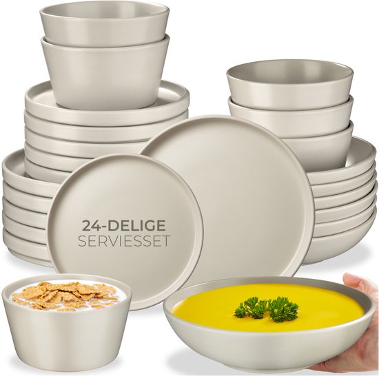 tectake® Geschirrset Una - 24-teilig - Steingut - 6 Personen - Stilvolles und langlebiges Geschirr - Tellerset mit großen und kleinen Tellern, Schalen, Schüsseln, Schälchen - Taupe