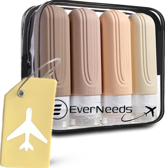 EverNeeds Reiseflaschen mit Etui - Nachfüllbar - Silikon-Reiseflaschen Handgepäck - Creme - 4 Stück