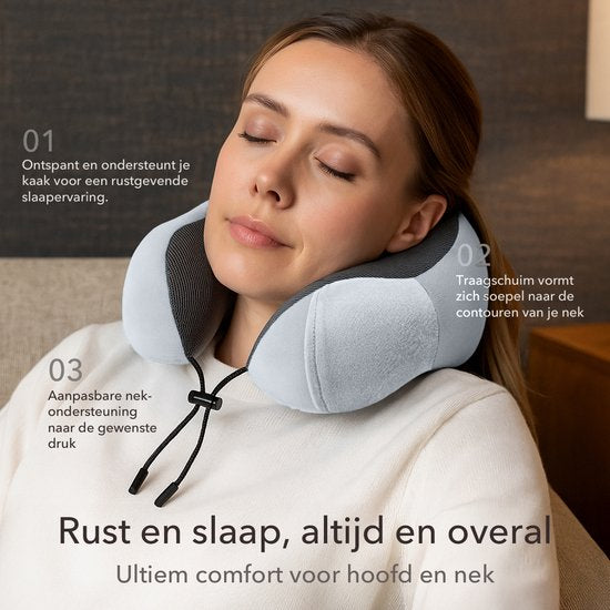 SKYCASES Travel Essentials - Nackenkissen-Set 3-teilig - Ergonomisches Memory Foam Reisekissen mit Augenmaske und Ohrstöpsel - Ideal für Flugzeug, Auto und Zug - Kompakt und luxuriös - Hellgrau