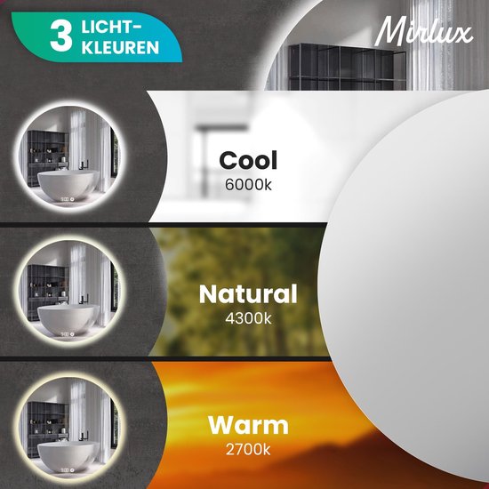 Mirlux Badezimmerspiegel mit LED-Beleuchtung & Heizung - Wandspiegel rund - Anti-Kondensations-Duschspiegel - 60CM