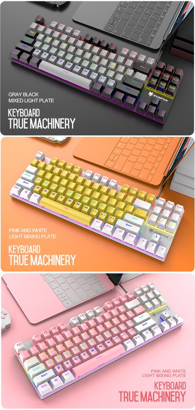 XUNFOX RGB mechanische Gaming-Tastatur - 87 Tasten - Windows/Mac - Blauer Schalter - Anti-Ghosting - Schwarz/Grau