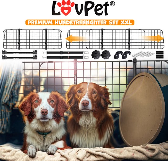 LovPet® Hundehalterung Auto, Universal-Autotrennwand, verstellbare Breite, Kopfstütze Gepäckablage Kofferraumschutz Abmessungen HxB 30 x 91-153 cm , + 2x Sicherheitsgurt für Hunde - Schwarz