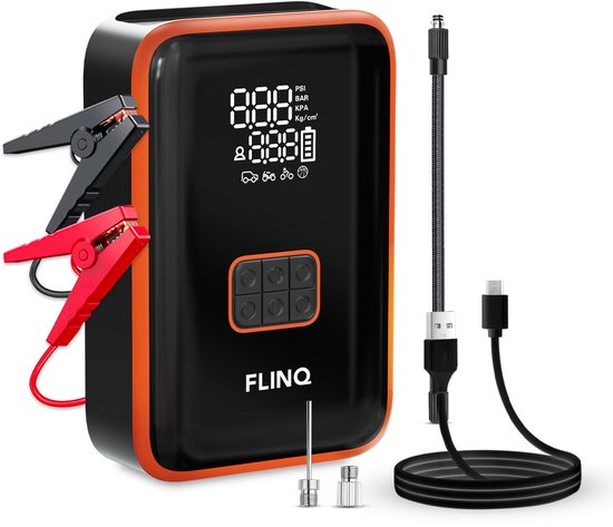 FlinQ 12V Starthilfe für Auto & Motorrad - 4-in-1 Luftkompressor, LED-Taschenlampe, SOS-Notleuchte & Powerbank - Elektrische Reifenpumpe - Starthilfe - inkl. Aufbewahrungstasche