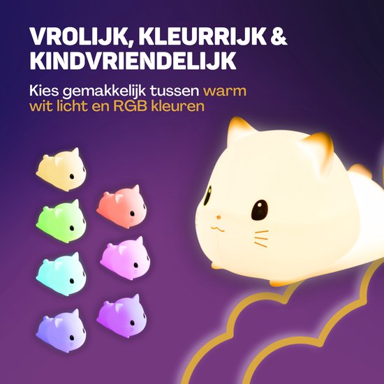 Vulpes Goods® Kinder-Nachtlicht - LED-Licht & 8 Farben - Babyzimmer-Nachtlicht - Katze - USB wiederaufladbar - Dimmer - Timer - Kabellos