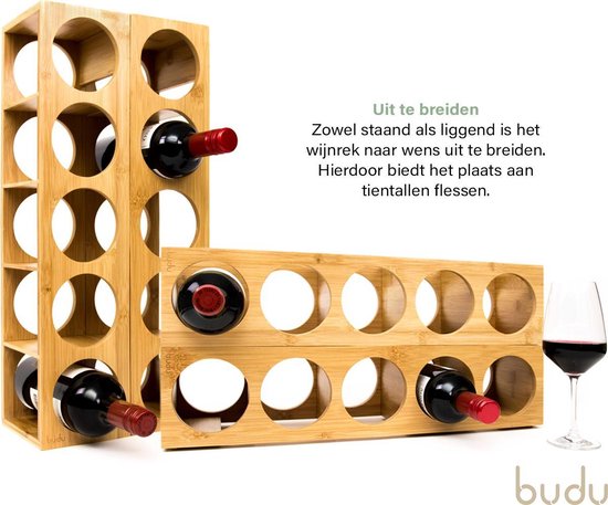 Budu Weinregal - Bambus - 5 Flaschen - 53 x 14 x 12 cm - Erweiterbar - Braun