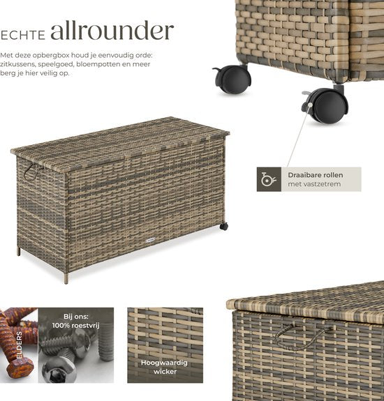tectake® Wicker Aufbewahrungsbox – 253 l – Kissenbox für den Außenbereich – Gartenbox – 116 x 54 x 64 cm - Wetterfest und mit Deckel verschließbar – Rollbar – Inklusive 2 Griffen, 2 Rädern mit Bremse und Gasfedern – Gartenkiste – Beige