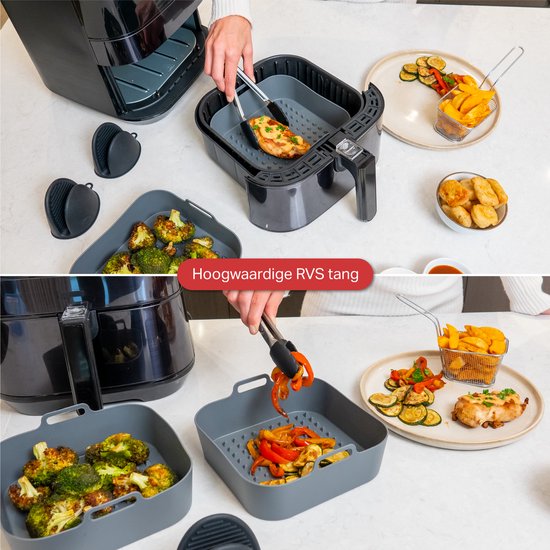 AoraKitchen Airfryer Tabletts Silikon - 20cm - 5 Stück - Airfryer Zubehör - inkl. Handschuhe & Zange