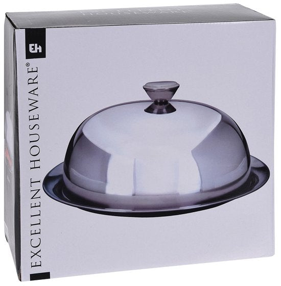 Excellent Houseware Servierschale Glocke mit Tablett - silber - Edelstahl - D25 x H12 cm - Servieren von Speisen - mit Deckel