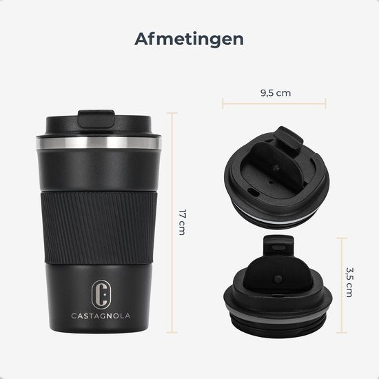 Castagnola Thermos Cup - Kaffeebecher To Go - Reisebecher für Kaffee und Tee - Teebecher - 380 ML - Edelstahl - Schwarz