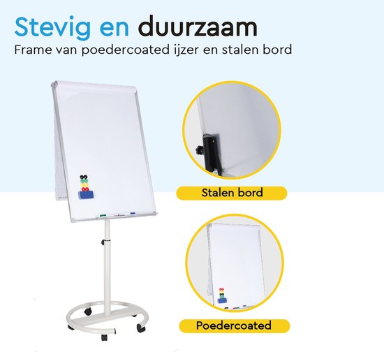 BRASQ Flipchart Mobile Deluxe - 70x100 cm - Verstellbares Whiteboard - Inklusive 25 Blatt Papier und Zubehör - mit ausziehbaren Armen - Magnettafel mit Haken - Magnettafel - Weiß