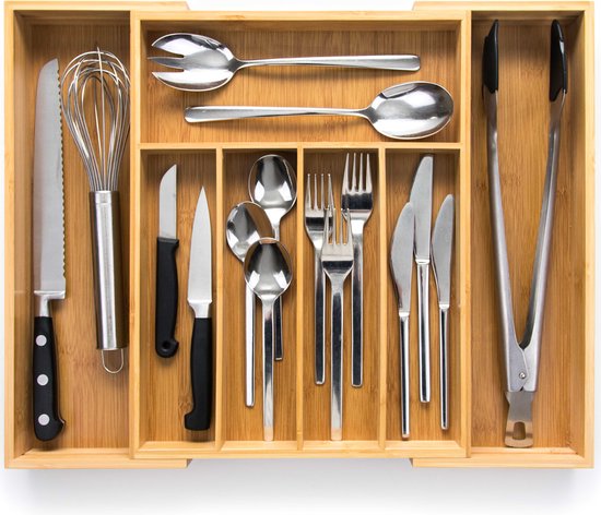 Budu Extendable Bamboo Cutlery Tray #38 (38 cm tief) - Besteckkassette Holz - Besteckschublade - 38 x 29,5 - 47,8 cm - 5/7 Fächer