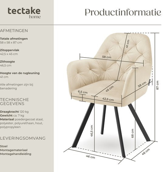 tectake - Drehstuhl - mit Arm- und Rückenlehne - 180-Grad-Drehung - Moderner Stuhl mit Stahlbeinen - Samt - Creme
