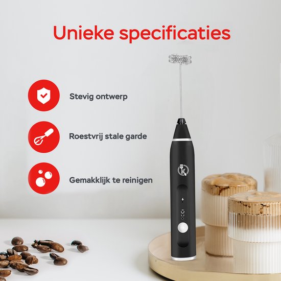 Kitchenwell Elektrischer Milchaufschäumer - Milchaufschäumer manuell - Milchaufschäumer - 3 Geschwindigkeiten - Schwarz