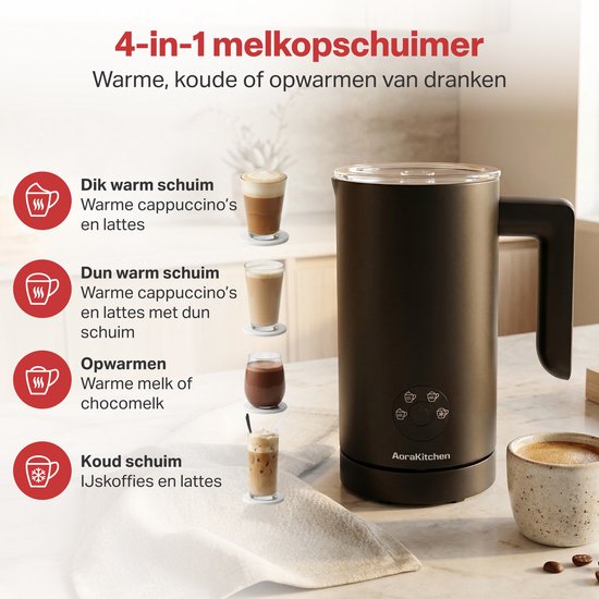 AoraKitchen Milchaufschäumer – 300 ml – Milchaufschäumer – Edelstahl – elektrisch – 4-in-1 – Antihaftbeschichtung – 500 W