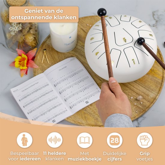 Nuvance - Handpan - Inkl. Lehrbuch, Fingertrommeln und Aufbewahrungstasche - Zungentrommel - Handpan-Trommel - Stahlzungentrommel - Weiß