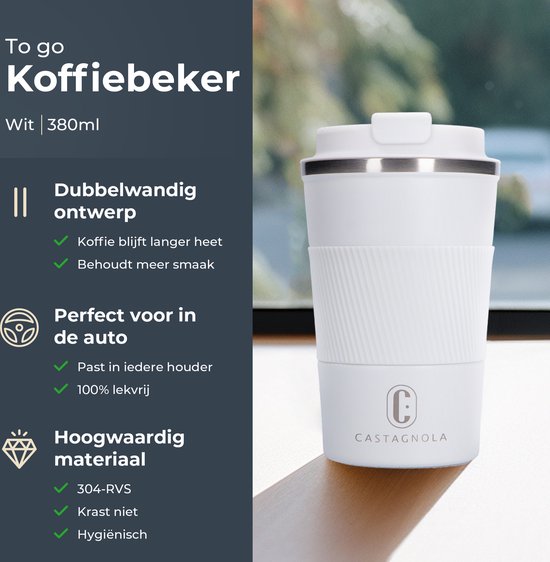 Castagnola Thermos Cup - Kaffeebecher To Go - Reisebecher für Kaffee und Tee - Teebecher - 380 ML - Edelstahl - Weiß