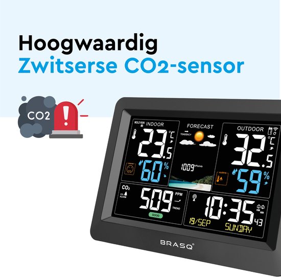 BRASQ Kabellose Wetterstation für Innen und Außen mit CO2-Messer - Hygrometer - Mit Außensensor bis zu 60 Meter - Luftfeuchtigkeitsmesser - Thermometer - Barometer - inklusive Batterien