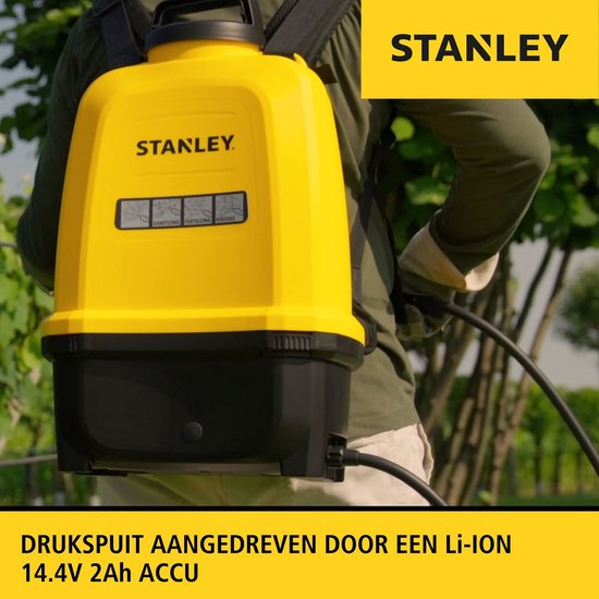 Stanley Drucksprühgerät 16 L hinten, Rückensprühgerät Garten, Drucksprühgerät, elektrisch, wiederaufladbare Lithium-Batterie, Teleskoplanze, verstellbare Düse, Autonomie 2 h, max 5 bar, 0,60 l/Minute, gelb/schwarz