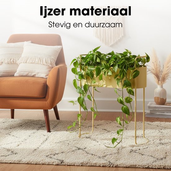 Mica Decorations Moritz Blumentopf auf Ständer – Pflanztopf L 55 x B 24 x H 65 cm – Pflanzenständer aus Eisen – Blumentopf für drinnen oder draußen – Beige