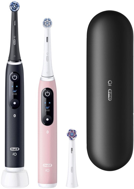 Oral-B iO 6 Elektrische Zahnbürste, Doppelpack – Schwarz und Rosa – 3 Aufsteckbürsten – Premium-Reisetui