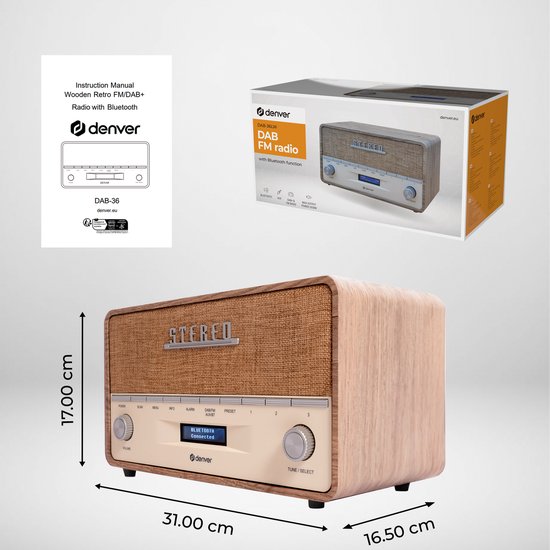 Denver DAB Radio XL - Retro-Radio - Bluetooth - DAB+/ FM - Batterien & Netzanschluss - DAB36LW