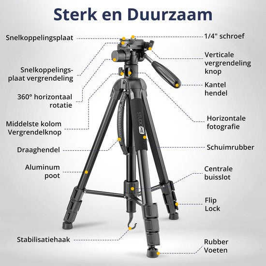 Studio ME Telefonstativ - 179 cm - Kamerastativ - Schwarz - Einbeinstativ - Stativ Smartphone - Telefonhalterung - Stativ Iphone - Stativ Telefon / Kamera / DSLR