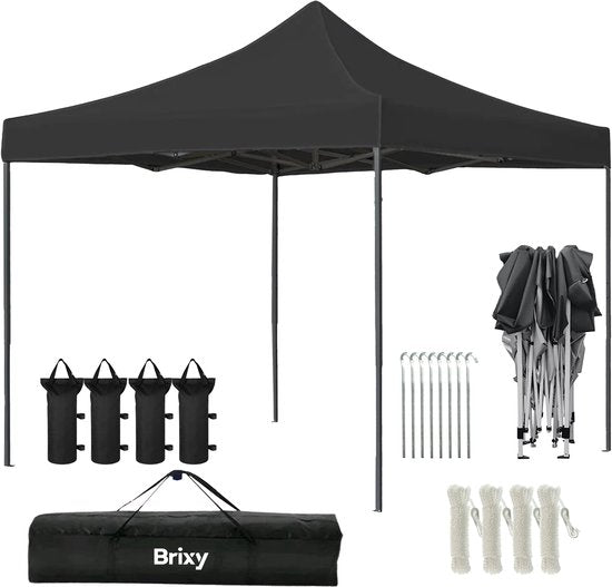 Brixy Partyzelt - faltbar - leicht aufbaubar - 3x3m - wasserdicht - Pavillon - inkl. Tragetasche - Schwarz